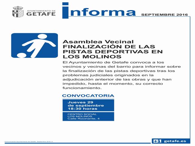 El Ayuntamiento de Getafe convoca a los vecinos de Los Molinos a una asamblea para informar sobre la finalización de las pistas deportivas