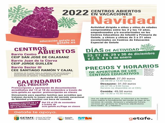 Getafe abre el plazo de preinscripción en los Centros Abiertos en Vacaciones de Navidad 2022