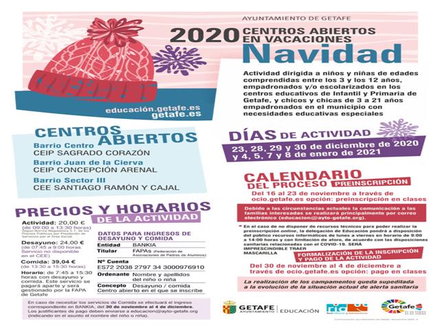 El lunes 16 se abre el plazo de preinscripción para los centros abiertos en vacaciones de Navidad 2020