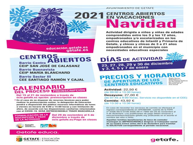 Getafe abre el plazo de preinscripción para los Centros Abiertos en Vacaciones de Navidad 2021