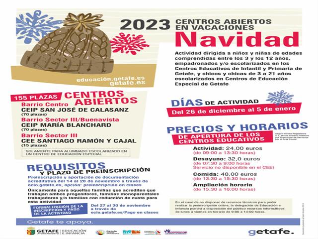 Getafe abre el plazo de preinscripción en los Centros Abiertos en Vacaciones de Navidad 2023