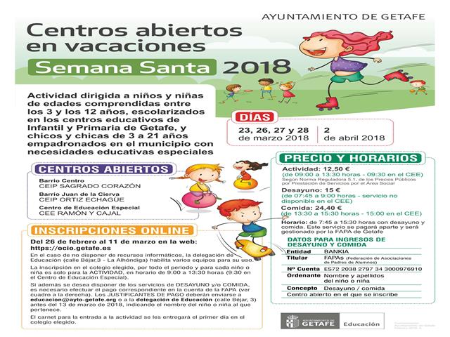 Tres colegios abiertos en Semana Santa para facilitar la conciliación familiar y laboral en Getafe