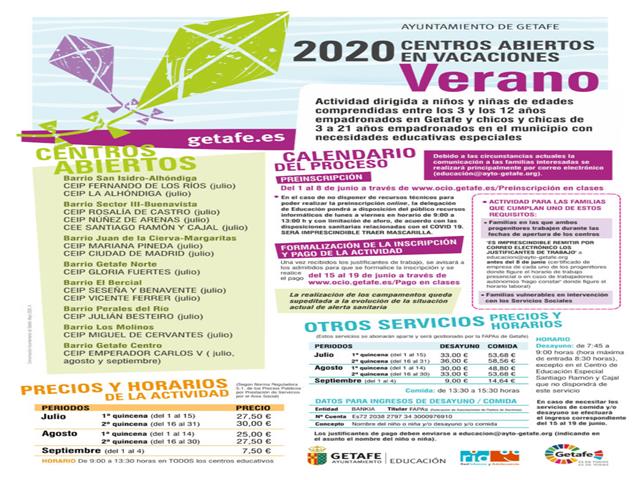 Getafe abre el plazo de preinscripción para los Centros Abiertos en Vacaciones de Verano 2020