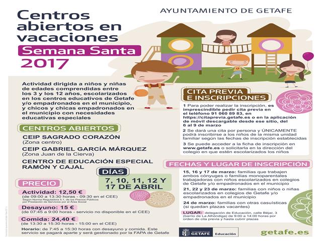 El Ayuntamiento de Getafe amplía a tres los centros abiertos en vacaciones de Semana Santa 2017 junto a la apertura también de comedores escolares 