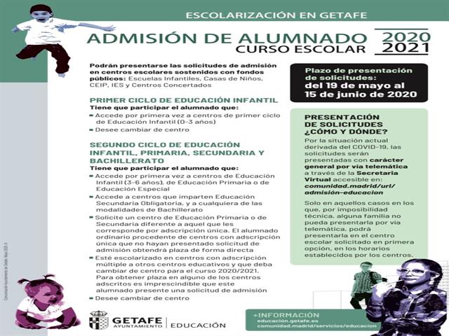 Comienza el periodo de escolarización en centros públicos de Getafe para el próximo curso 2020/21