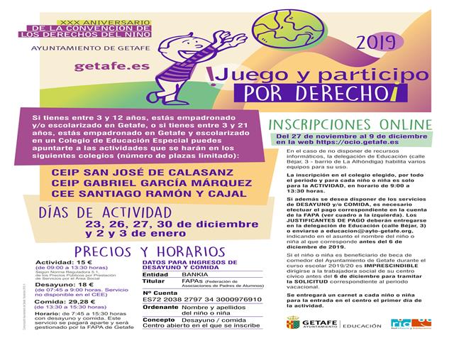 El Ayuntamiento de Getafe organiza el proyecto ‘¡Juego y participo por derecho!’ para facilitar la conciliación de las familias en Navidad