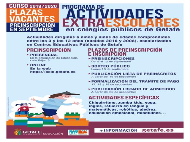 Abierto el plazo de preinscripción en las actividades extraescolares con vacantes organizadas por el Ayuntamiento de Getafe