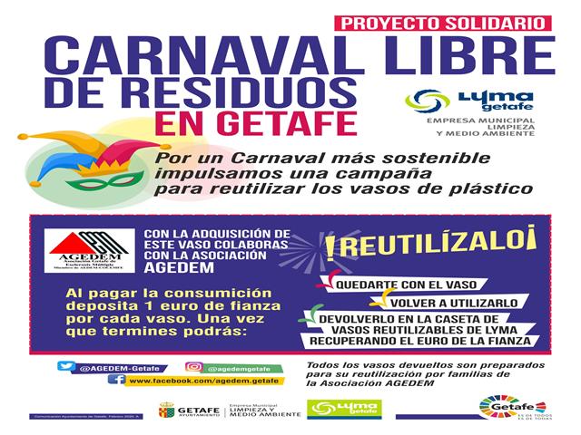 Getafe reciclará los vasos de plástico durante los Carnavales 2020 a beneficio de la asociación AGEDEM