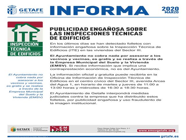 El Ayuntamiento de Getafe detecta publicidad engañosa sobre las inspecciones técnicas de edificios