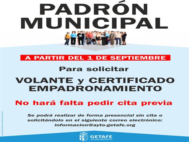 Desde el 1 de septiembre se podrá pedir el volante y certificado de empadronamiento sin cita previa