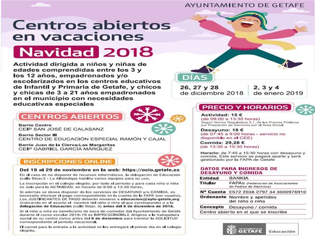 El 19 de noviembre comienzan las inscripciones para los centros abiertos que permiten la conciliación laboral y familiar en Navidad