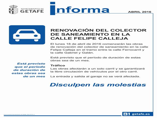Comienzan las obras de renovación del colector de saneamiento en la calle Felipe Calleja