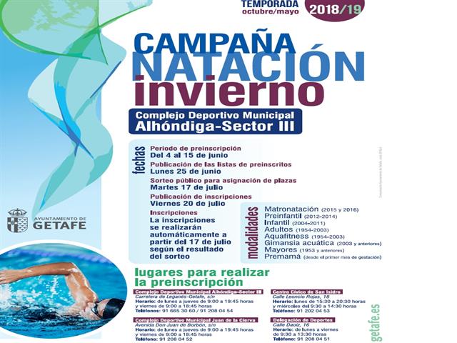 Comienza el plazo de preinscripción para la campaña de natación de invierno 2018-2019 del complejo deportivo municipal “Alhóndiga-Sector III”